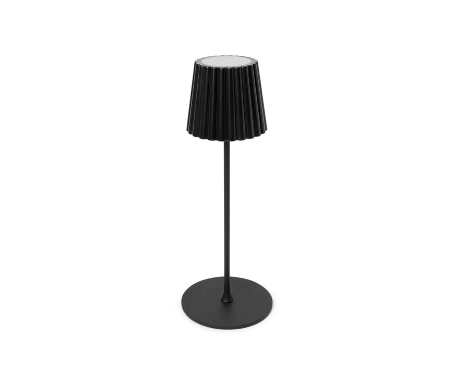 Čierna LED akumulátorová stolová lampa do exteriéru.