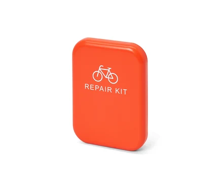 Oranžová súprava na opravu bicykla s obrázkom bicykla.