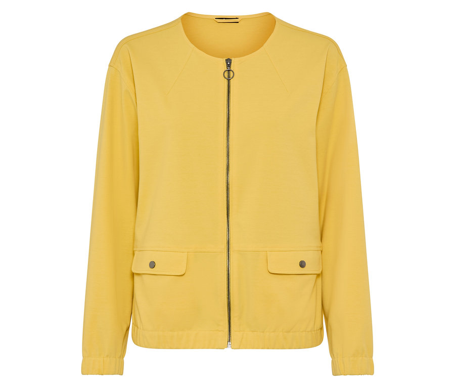 Žltá bunda so zipsom a dvoma vreckami.