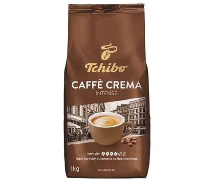 Hnedé balenie zrnkovej kávy Caffè Crema Intense od Tchibo s ilustráciou šálky kávy.