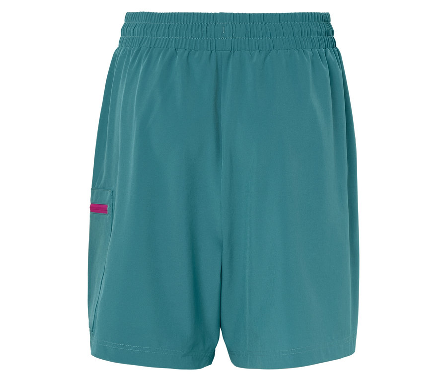 Tmavozelené šortky s elastickým pásom a ružovým zipsom na vrecku.
