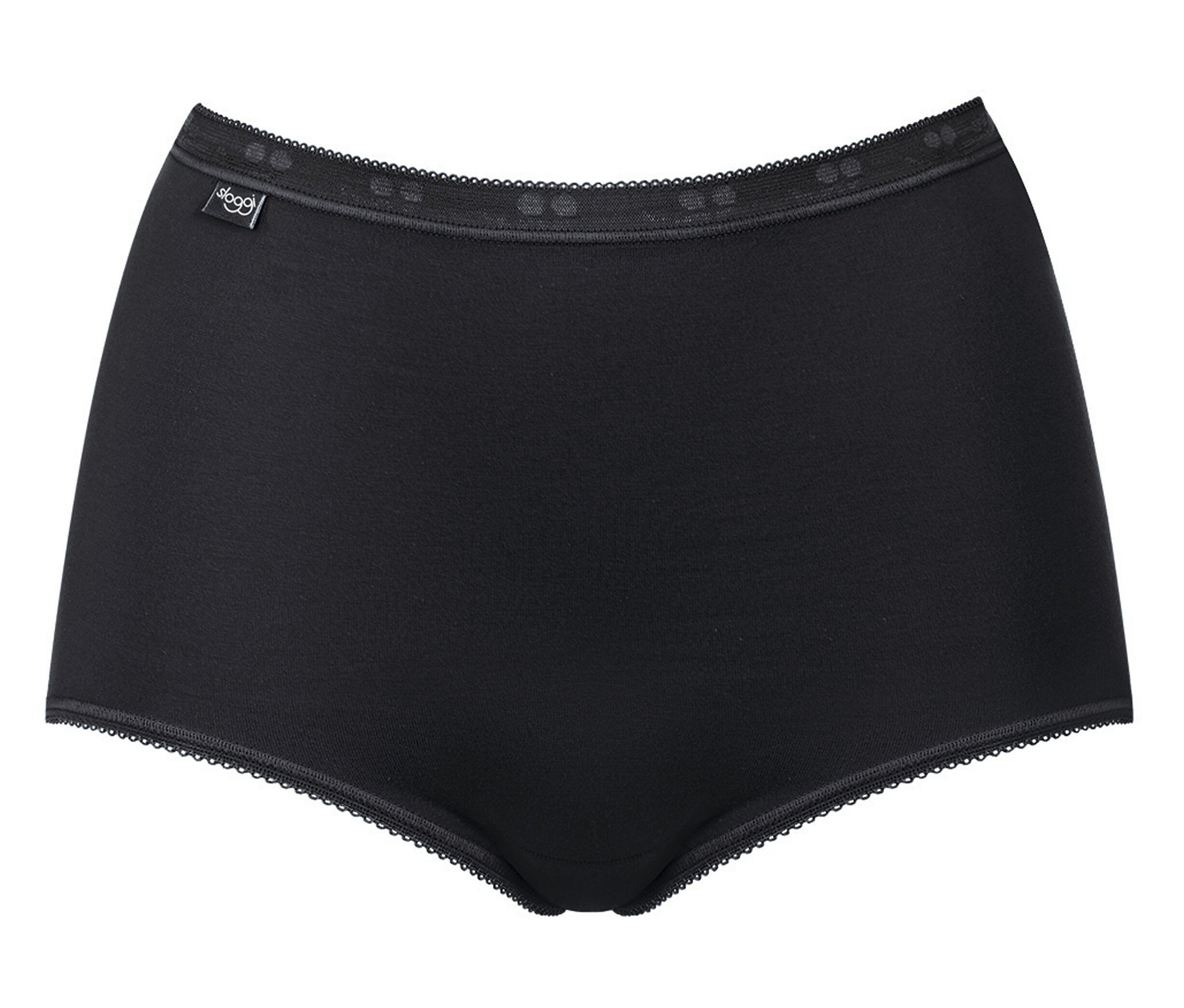 Čierne dámske nohavičky s čipkovaným lemom na bielom pozadí.