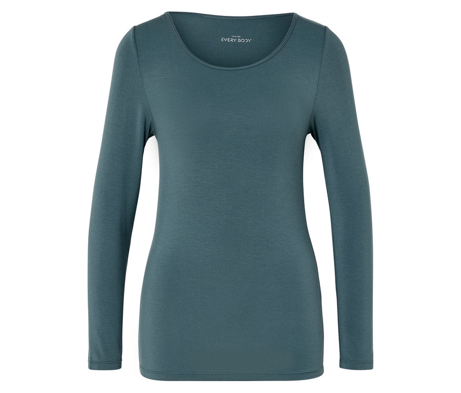Modrozelené tričko s dlhým rukávom leží na rovnom povrchu.