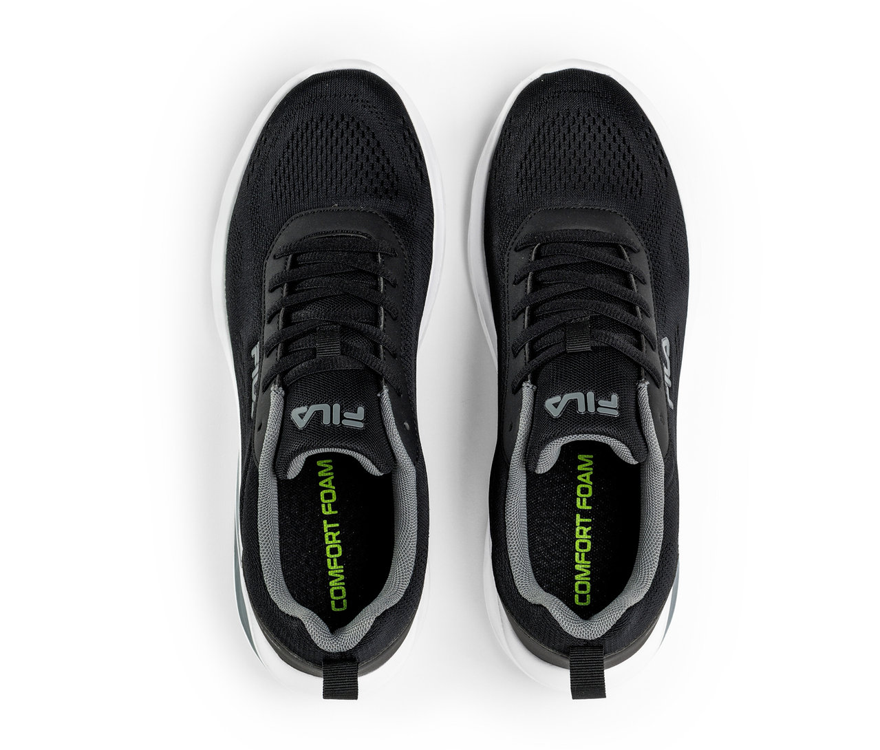 Dve čierne dámske športové topánky FILA Specctris s bielou podrážkou a sivou stielkou, pohľad zhora.