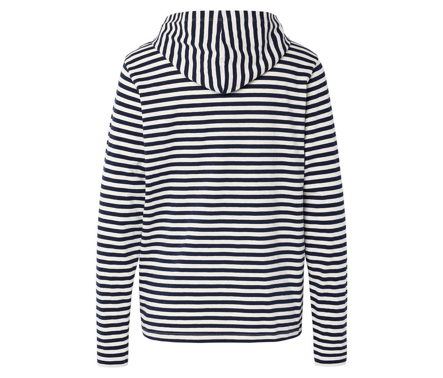 Pohľad zozadu na mikinu s kapucňou s dlhým rukávom s vodorovnými tmavomodrými a bielymi pruhmi.