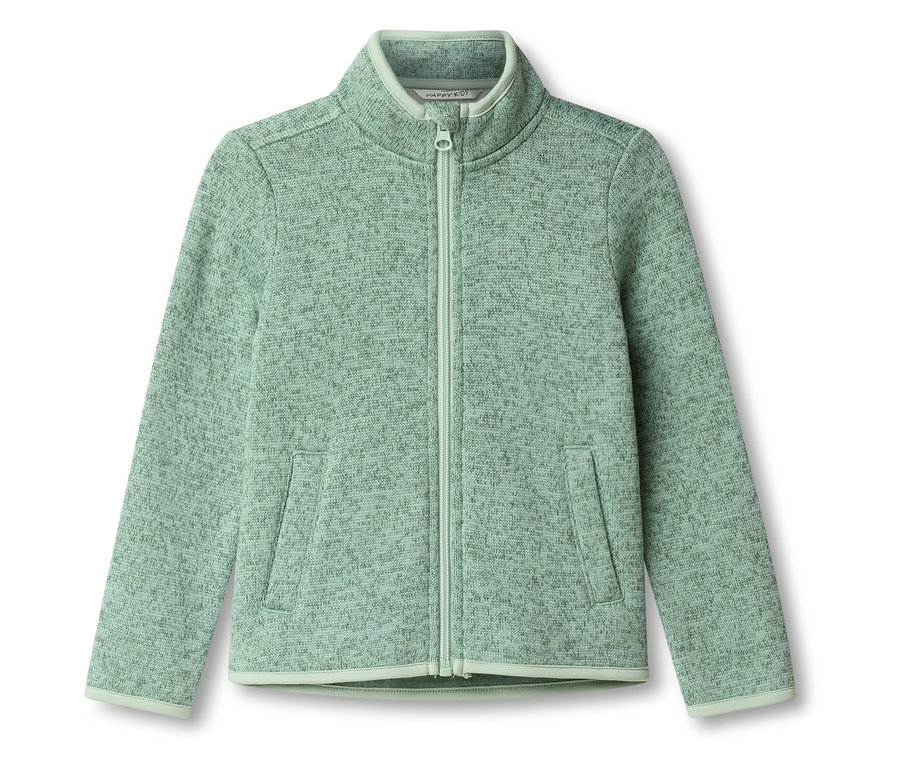 Svetlozelená flísová bunda na zips leží na bielom pozadí.