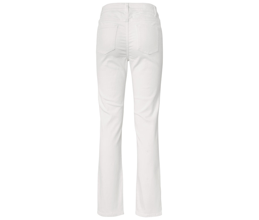 Pohľad zozadu na biele nohavice s rovnými nohavicami.