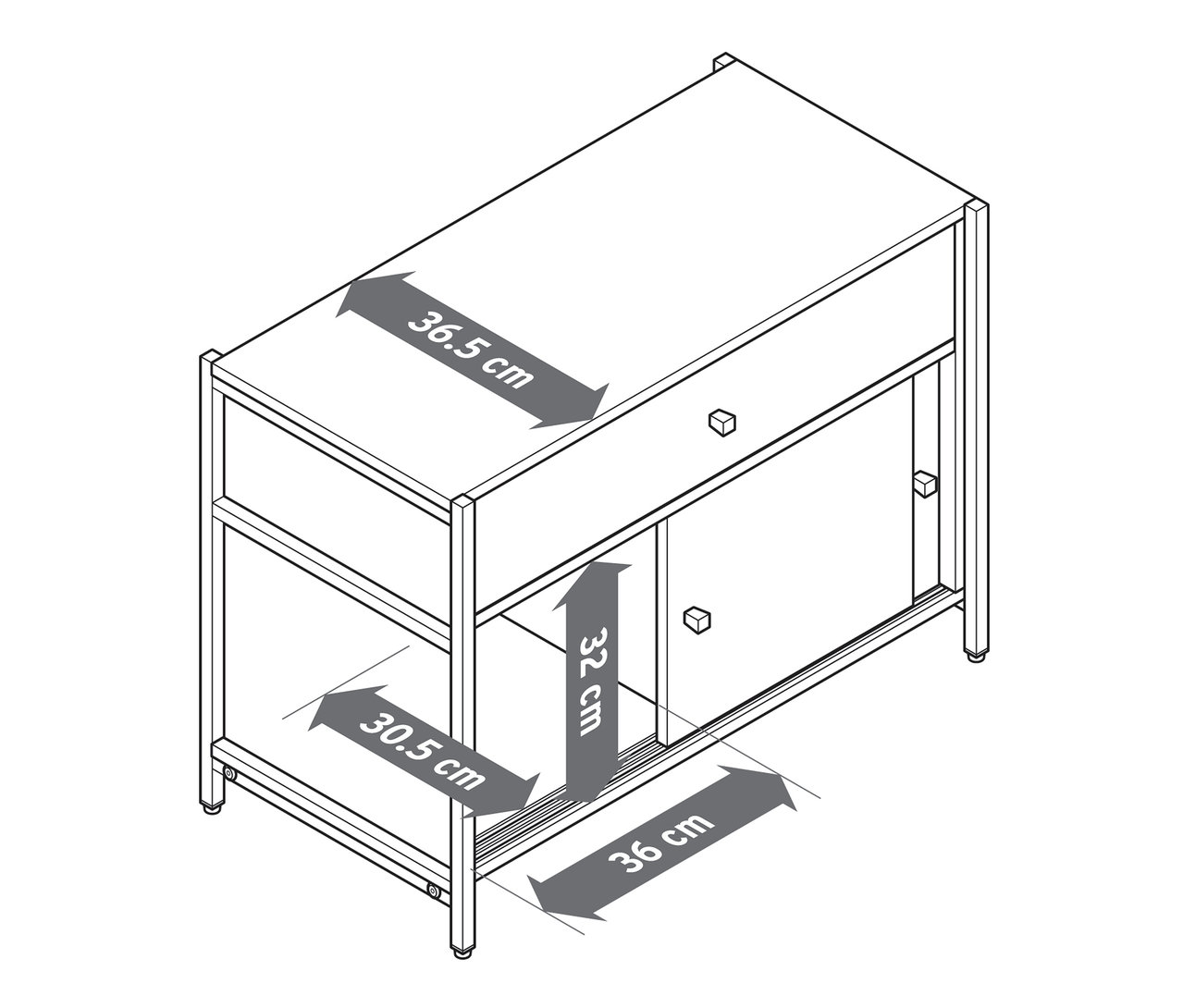 Ilustrácia komody »GRADE« so zásuvkou a posuvnými dverami, s rozmermi.