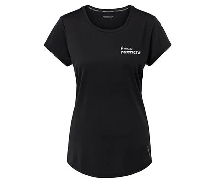 Čierne tričko s nápisom "Tchibo runners" a nápisom "Sports Collection" na golieri.