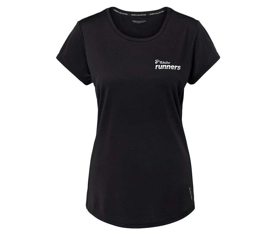 Čierne tričko s nápisom "Tchibo runners" a nápisom "Sports Collection" na golieri.