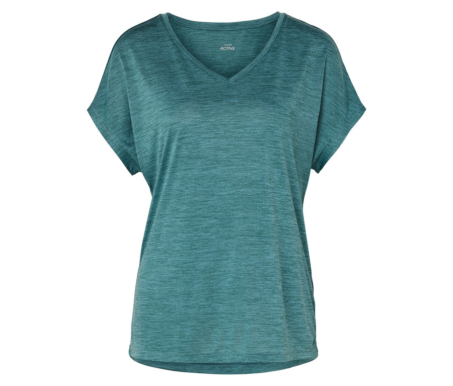 Tyrkysové športové tričko s výstrihom do V a krátkymi rukávmi.