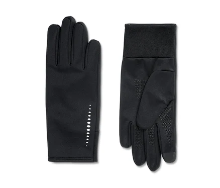 Dvoje čierne Windprotection-Thermohandschuhe, jeden s reflexnými bodkami na chrbte, druhý s protišmykovou dlaňou a rebrovanou manžetou.