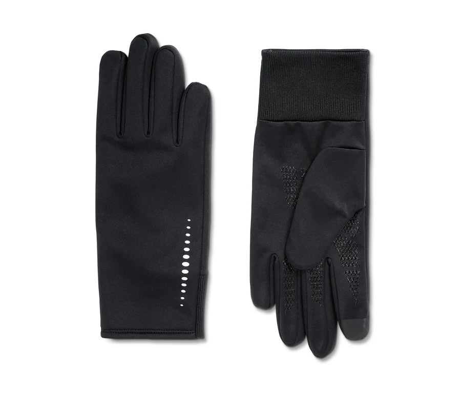 Dvoje čierne Windprotection-Thermohandschuhe, jeden s reflexnými bodkami na chrbte, druhý s protišmykovou dlaňou a rebrovanou manžetou.
