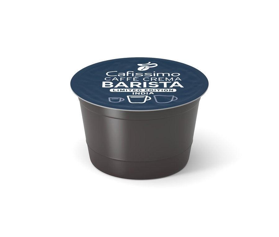 Jedna tmavosivá kávová kapsula Cafissimo BARISTA Caffè Crema India s tmavomodrým viečkom s bielym textom a ikonami šálok kávy.