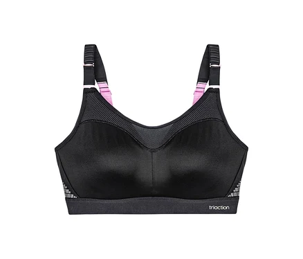 Čierna zmenšujúca športová podprsenka TRIUMPH Triaction Control Lite W01X s ružovými detailmi na ramienkach.