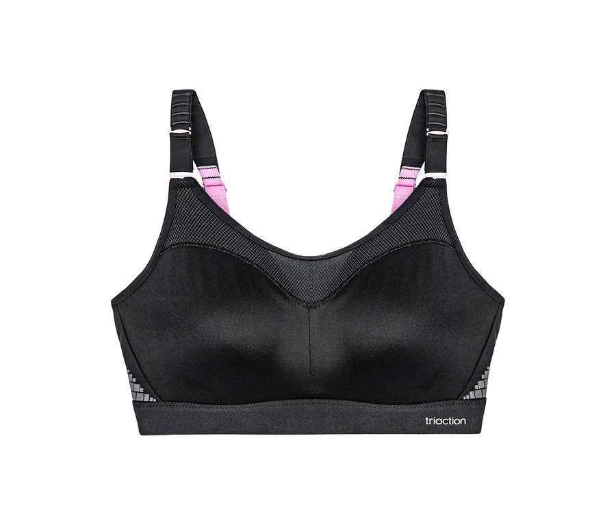 Čierna zmenšujúca športová podprsenka TRIUMPH Triaction Control Lite W01X s ružovými detailmi na ramienkach.