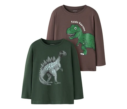 Tmavohnedé tričko s dlhým rukávom so zeleným T-Rexom a nápisom "Totally Roarsome", ležiace na tmavozelenom tričku so sivým dinosaurom.