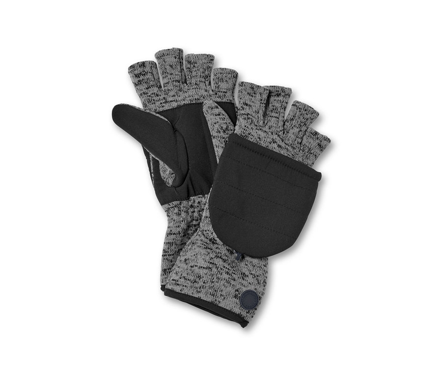 Dve sivo-čierne odklápacie rukavice z pleteného flísu ležia na bielom pozadí.