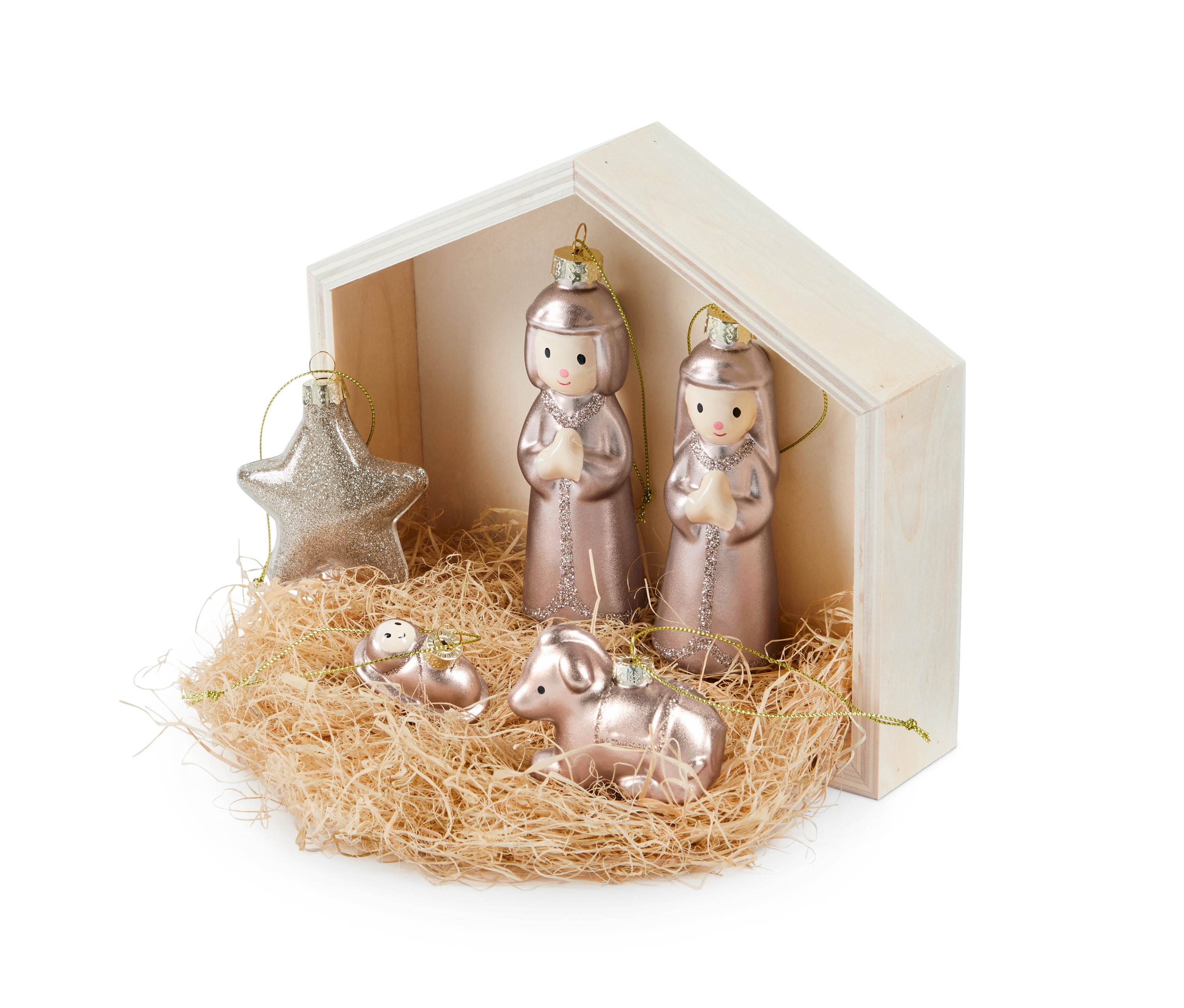 Drevený betlehem s figúrkami Ježiša, Márie, Jozefa, hviezdy a ovečky.