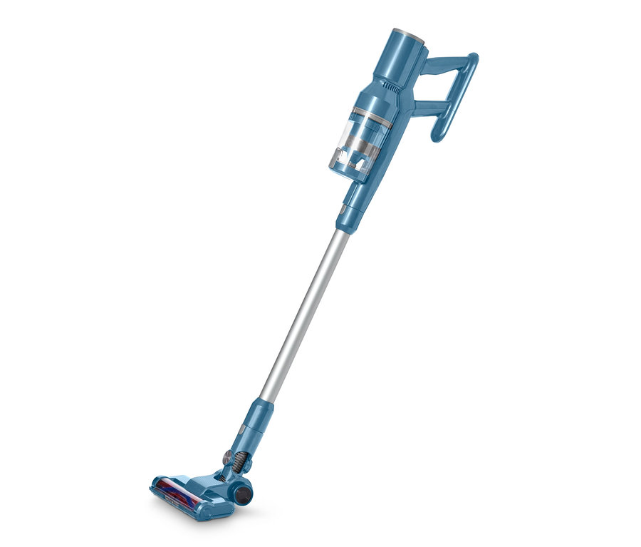 Modrý digitálny akumulátorový vysávač.