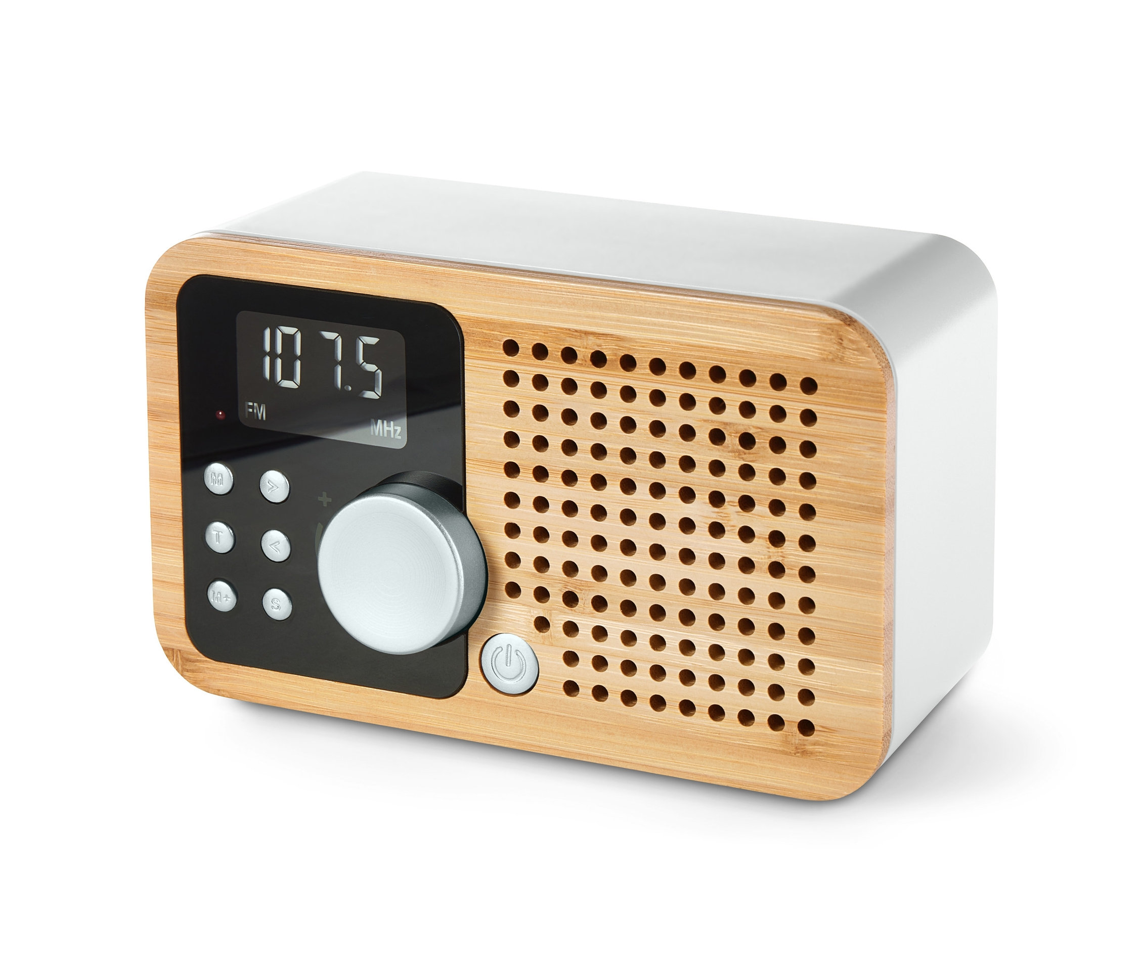 Detailný záber na kompaktné FM rádio »Bambus« s digitálnym displejom a ovládacími prvkami.