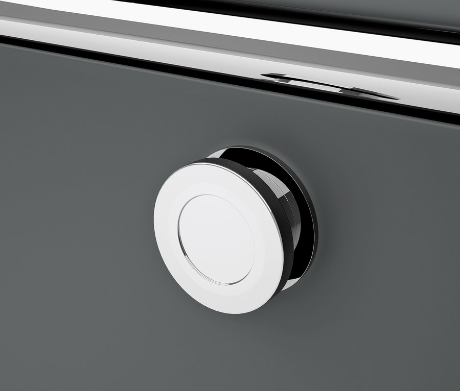 Detail šedej kovovej komody »CN3« so 4 výklopnými priehradkami s chrómovanou okrúhlou rukoväťou.