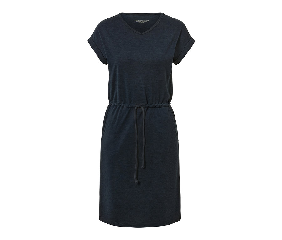 Tmavomodré outdoorové šaty s krátkymi rukávmi a sťahovacou šnúrkou v páse.