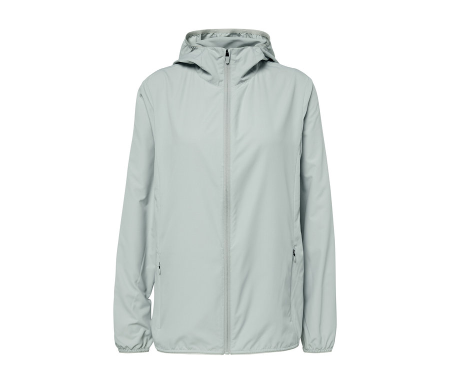 Sivá skladacia funkčná bunda so zipsom v strede.