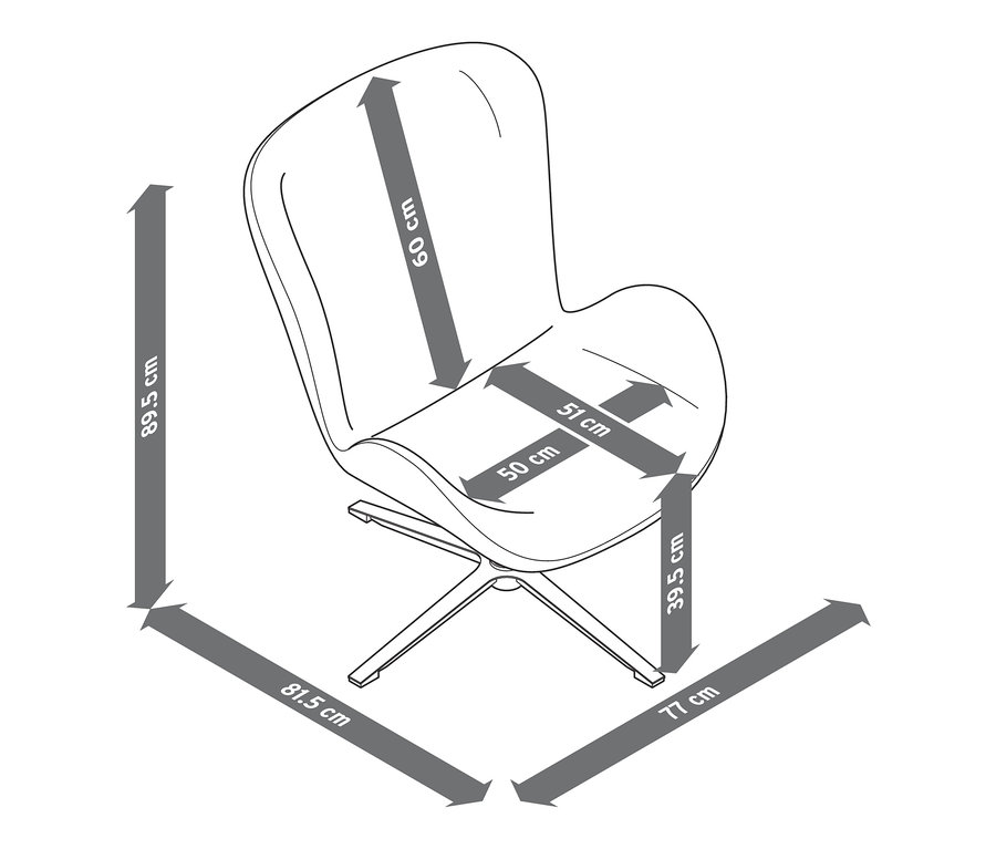 Ilustrácia otočného kresla s vyznačenými rozmermi.