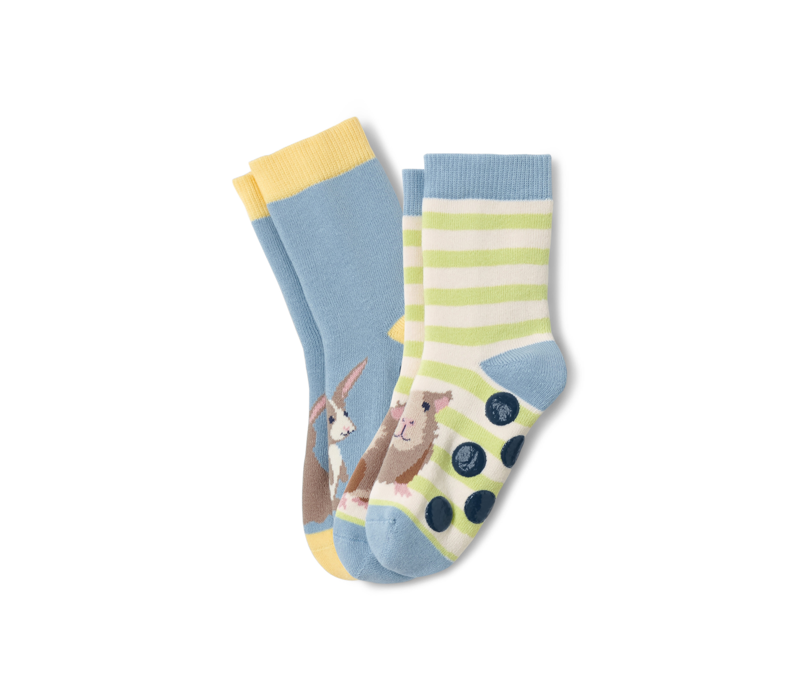 Dva páry detských protišmykových ponožiek: jeden pár svetlomodrý s králikom, druhý pásikavý s morčaťom a protišmykovými bodmi.