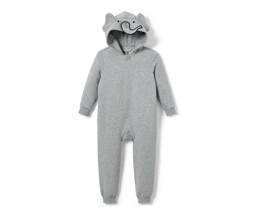 Detský domáci sivý overal s kapucňou so sloními ušami.