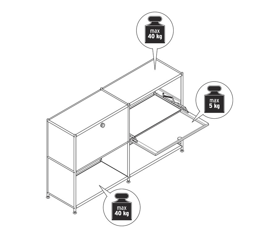 Nákres kovovej odkladacej skrinky »CN3« s dvomi výklopnými priehradkami, z ktorých jedna je otvorená.