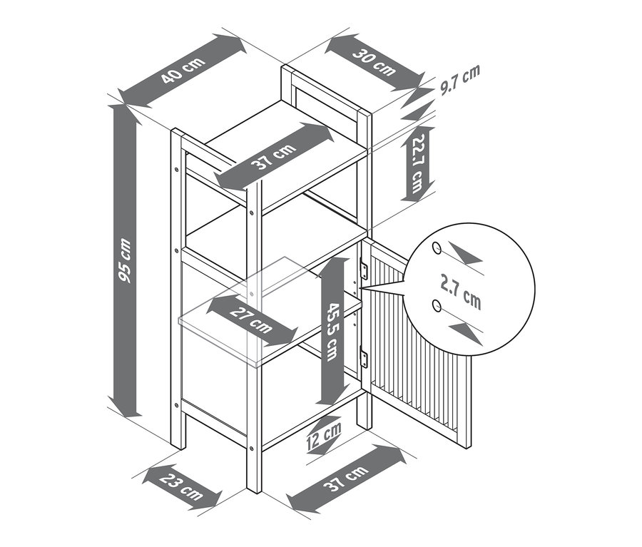 Nákres police na odkladanie v škandinávskom dizajne s uvedenými rozmermi.
