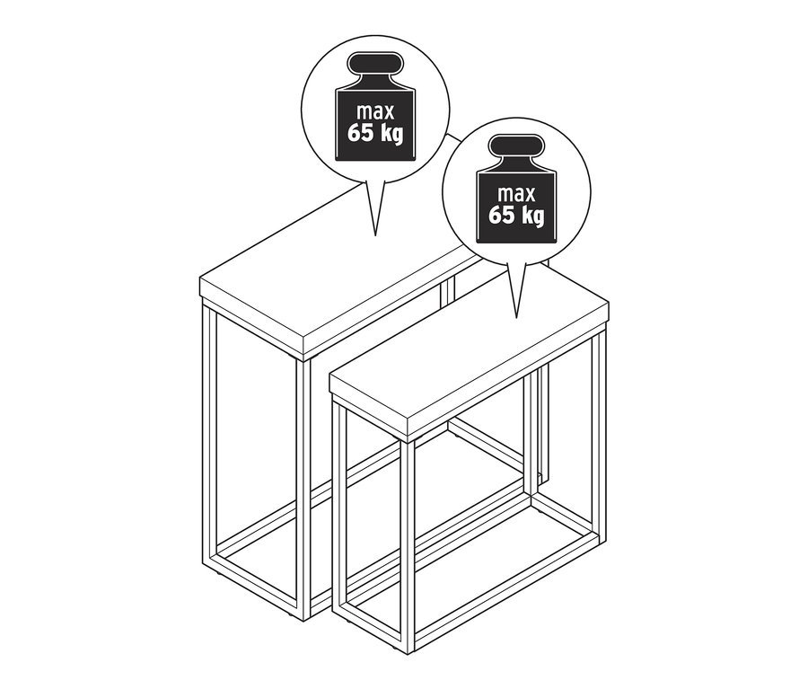 Nákres súpravy konzolových stolíkov s doskou stola z polycementu a maximálnou nosnosťou 65 kg.