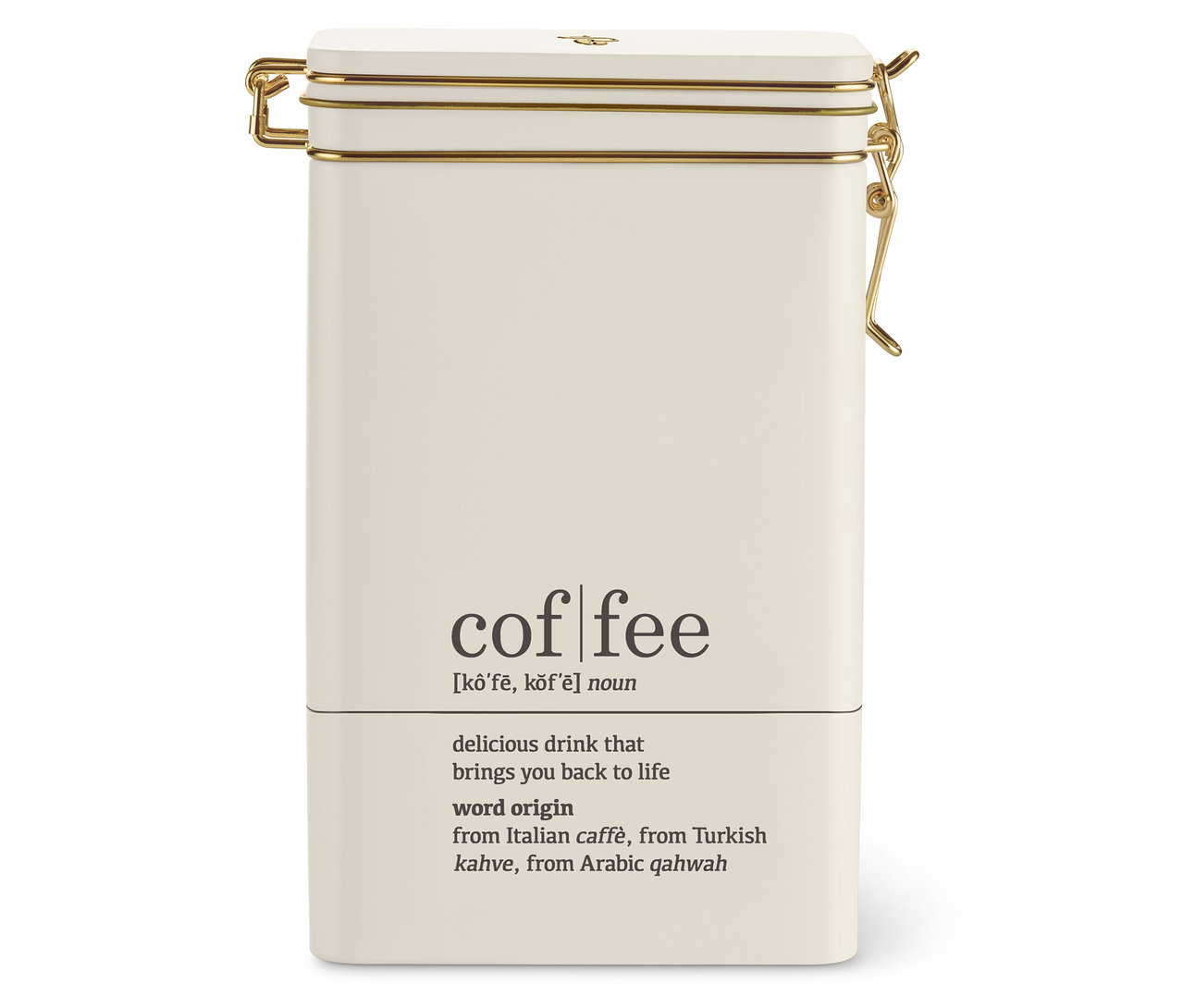 Krémová dóza na kávu s nápisom coffee dictionary a zlatým uzáverom.