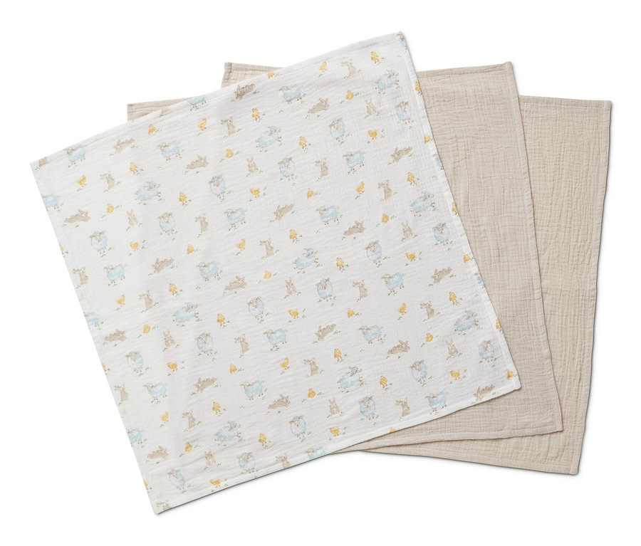 Na obrázku sú tri mušelínové uteráky pre bábätká, 3 ks.