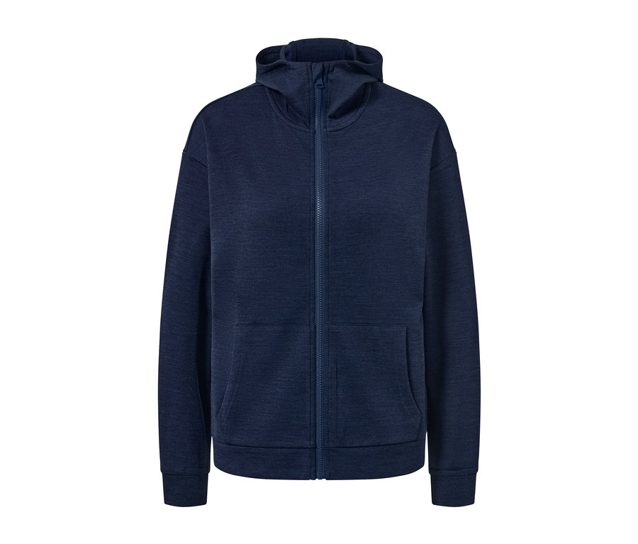 Tmavomodrá bunda s kapucňou s vlnou s certifikátom RWS so zipsom a vreckami.