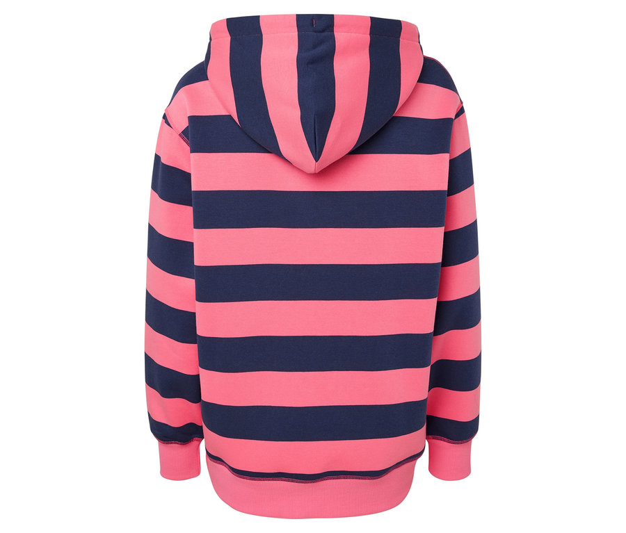 Pohľad zozadu na ružovo-tmavomodrú pruhovanú mikinu s kapucňou.