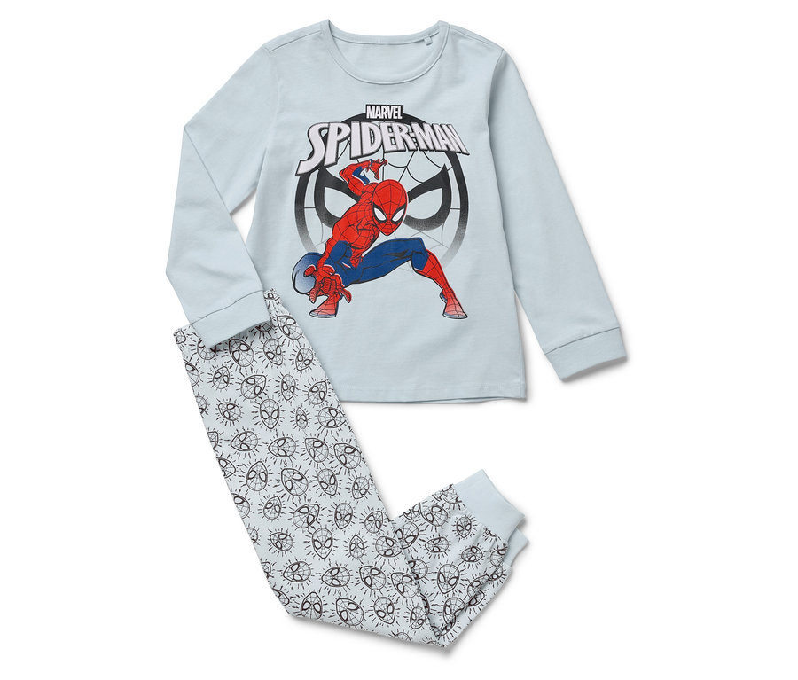 Svetlé pyžamo s dlhým rukávom Spiderman a nohavice s maskami Spidermana.