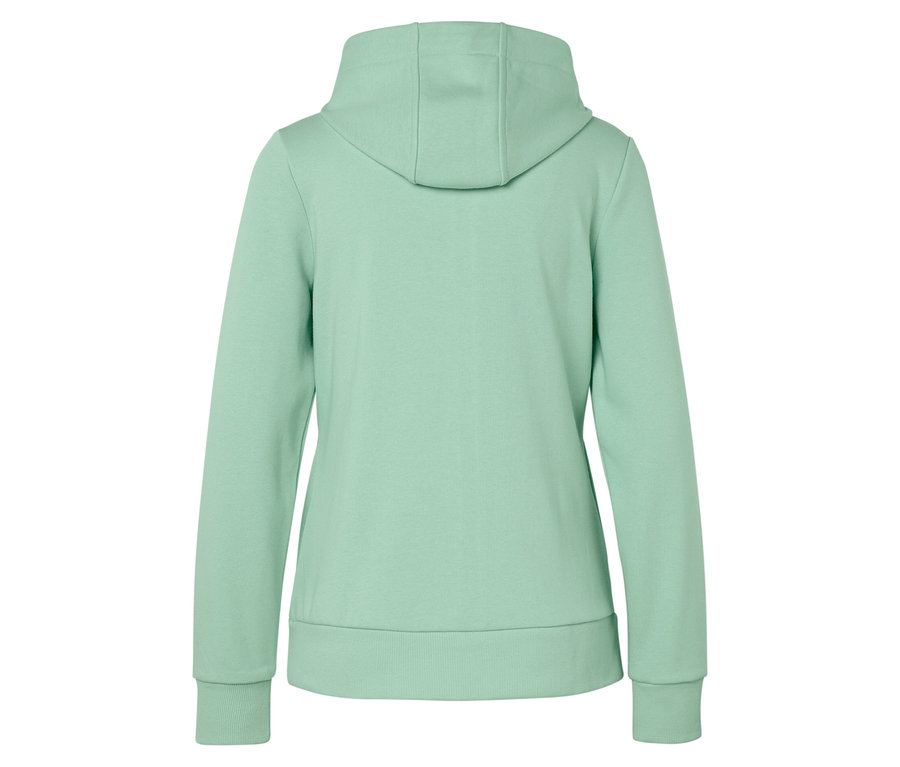 Pohľad zozadu na svetlozelenú mikinu s kapucňou.