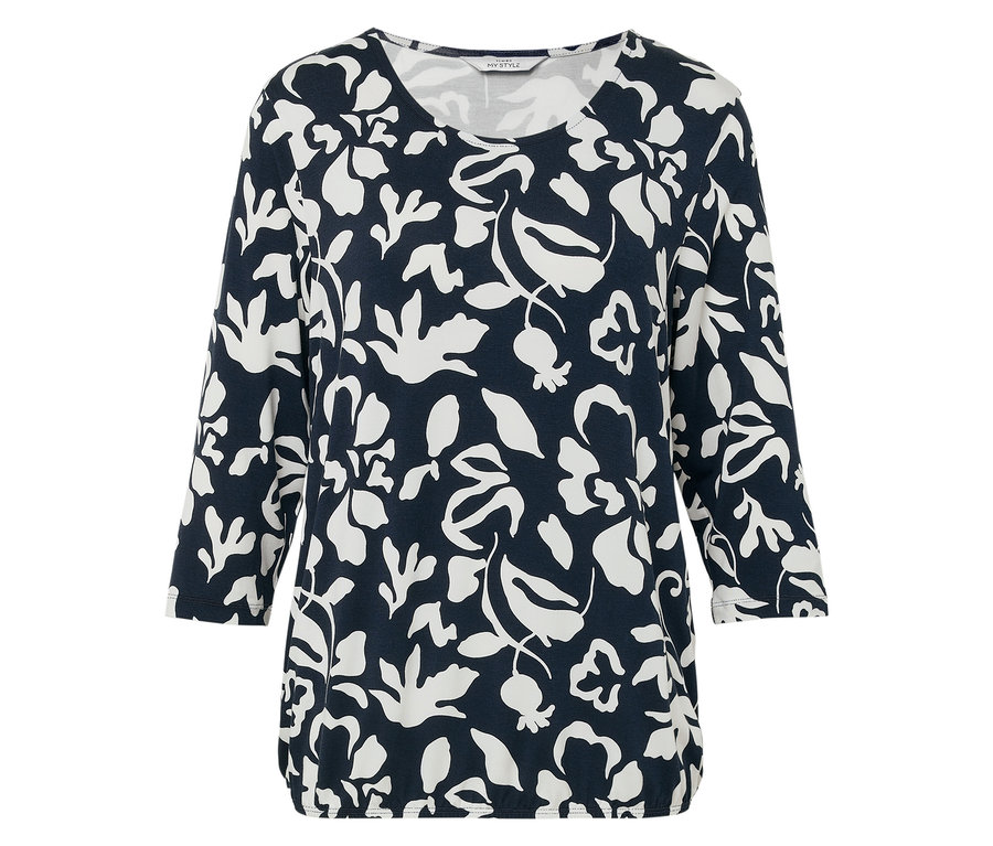 Dámsky top s trojštvrťovými rukávmi, tmavomodrý s bielymi kvetinovými vzormi.
