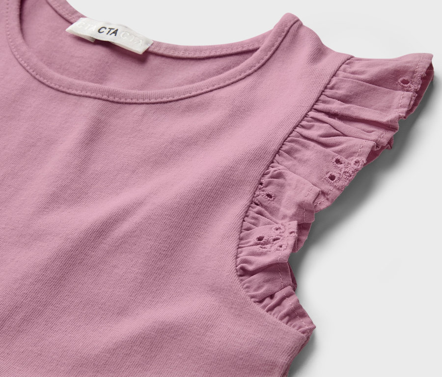 Detail detských šiat s volánikmi.