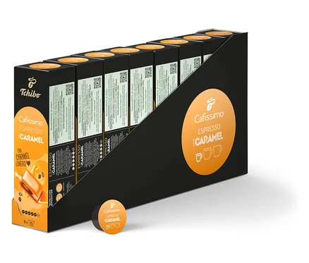 Balenie kapsúl Cafissimo Espresso Caramel, 80 kapsúl v čierno-bielom obale.