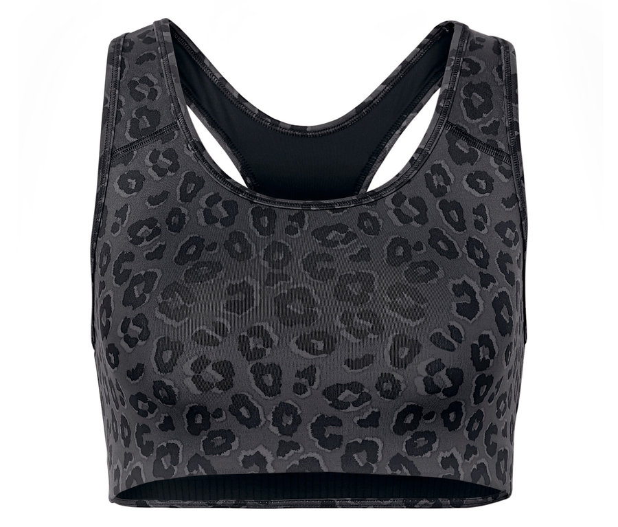 Detailný záber na sivú športovú podprsenku so zvieracím vzorom.
