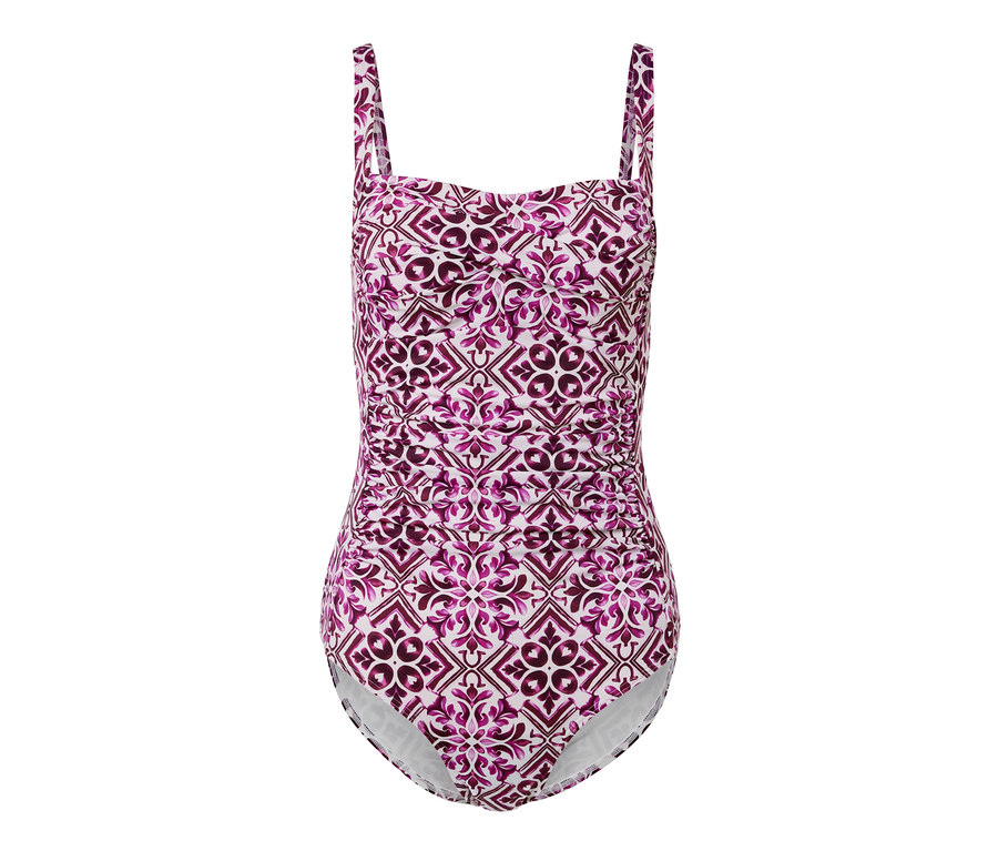 Bordové a biele jednodielne plavky tvarujúce postavu s potlačou.