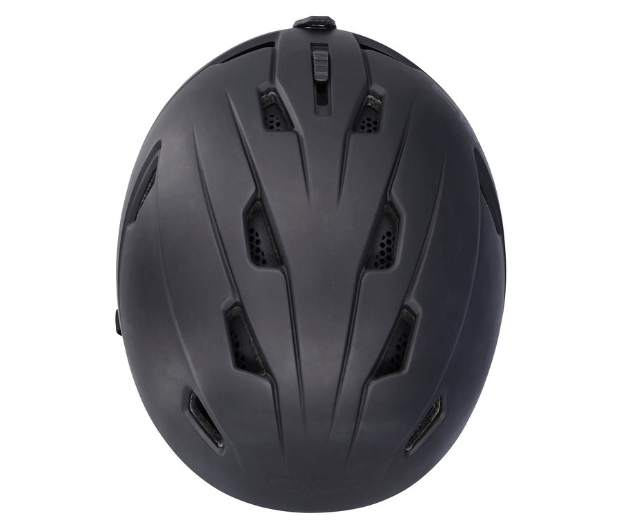 Pohľad zhora na čiernu prilbu s vetracími otvormi.