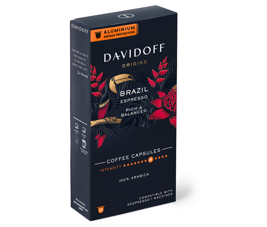 Balenie 10 kapsúl Davidoff Café Origins Brazil s obrázkom tukana.