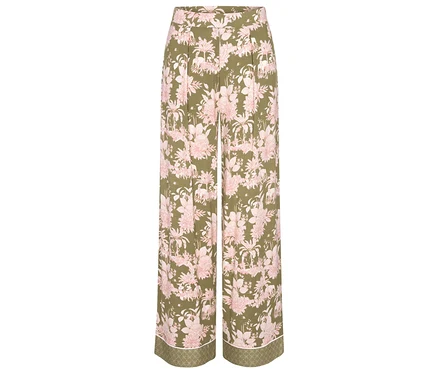 Nohavice Triumph Aura Spotlight Trousers v olivovozelenej farbe s ružovým kvetinovým a zvieracím vzorom a ozdobným lemom.