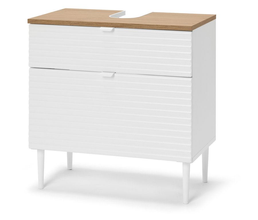 Biela kúpeľňová skrinka s dvomi zásuvkami a svetlou drevenou doskou.