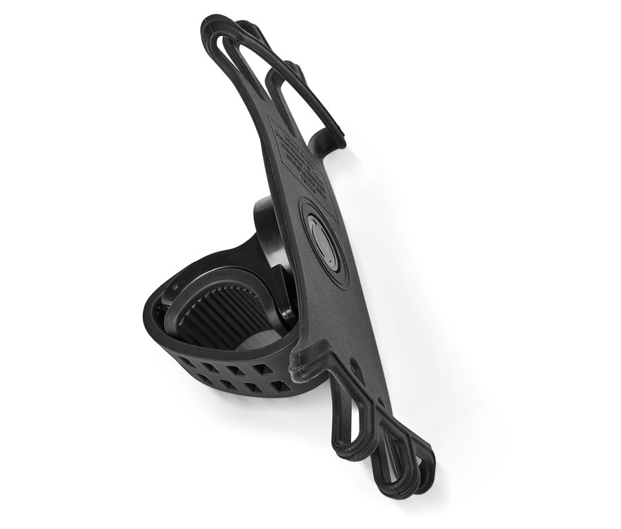 Čierny držiak na mobilný telefón na bicykel s gumovým pásikom na bielom pozadí.